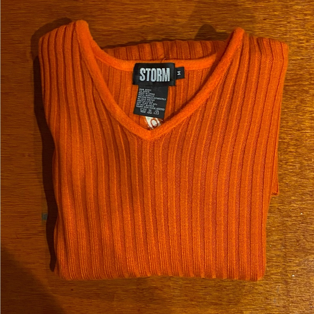 Vintage 90s Storm Orange V-Neck Ribbed Sweater elbows design SIZE M 3/4 sleeves